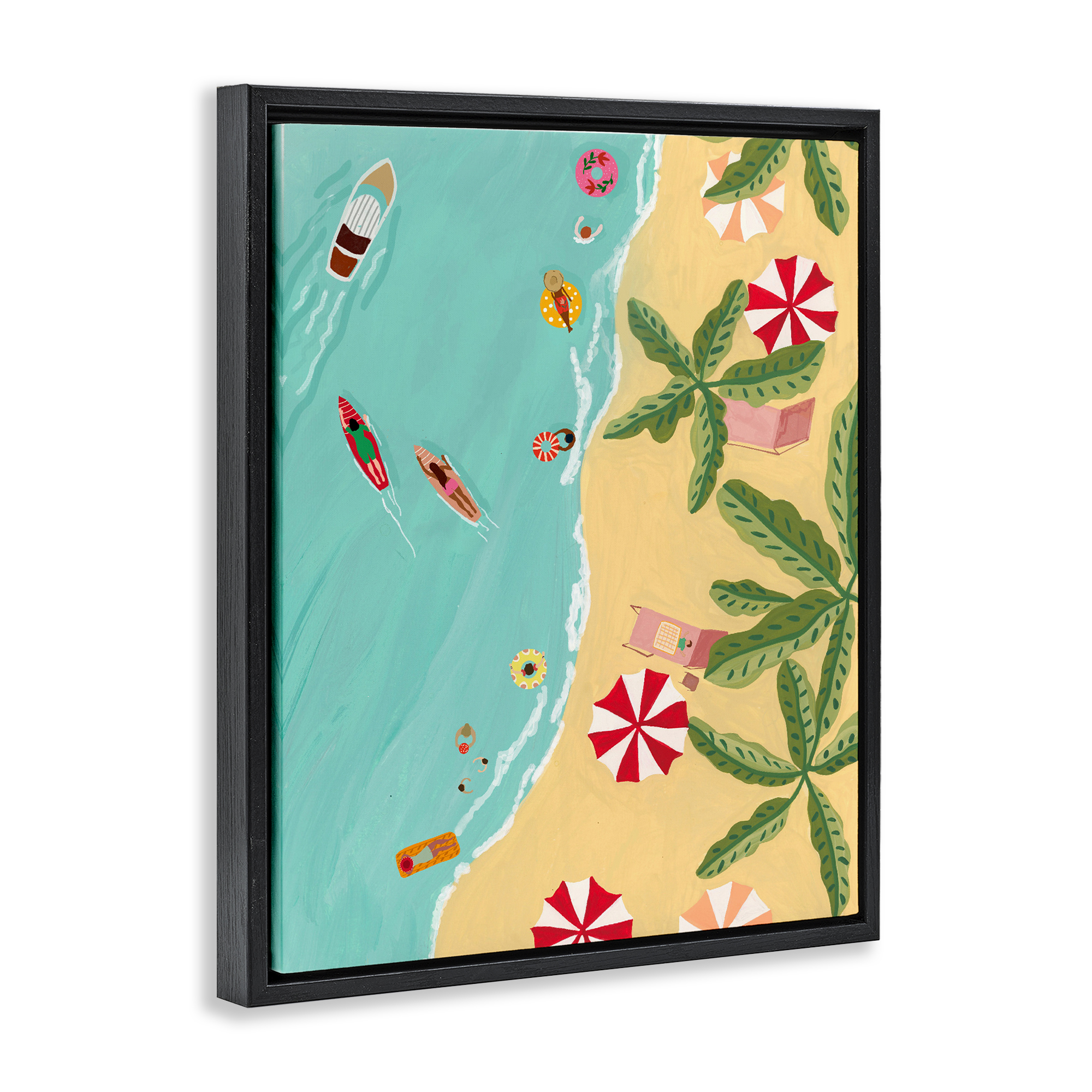 Busy Beach Day Hangout Black Framed Floater Canvas Wall Art, design by Nabeela Rumi
