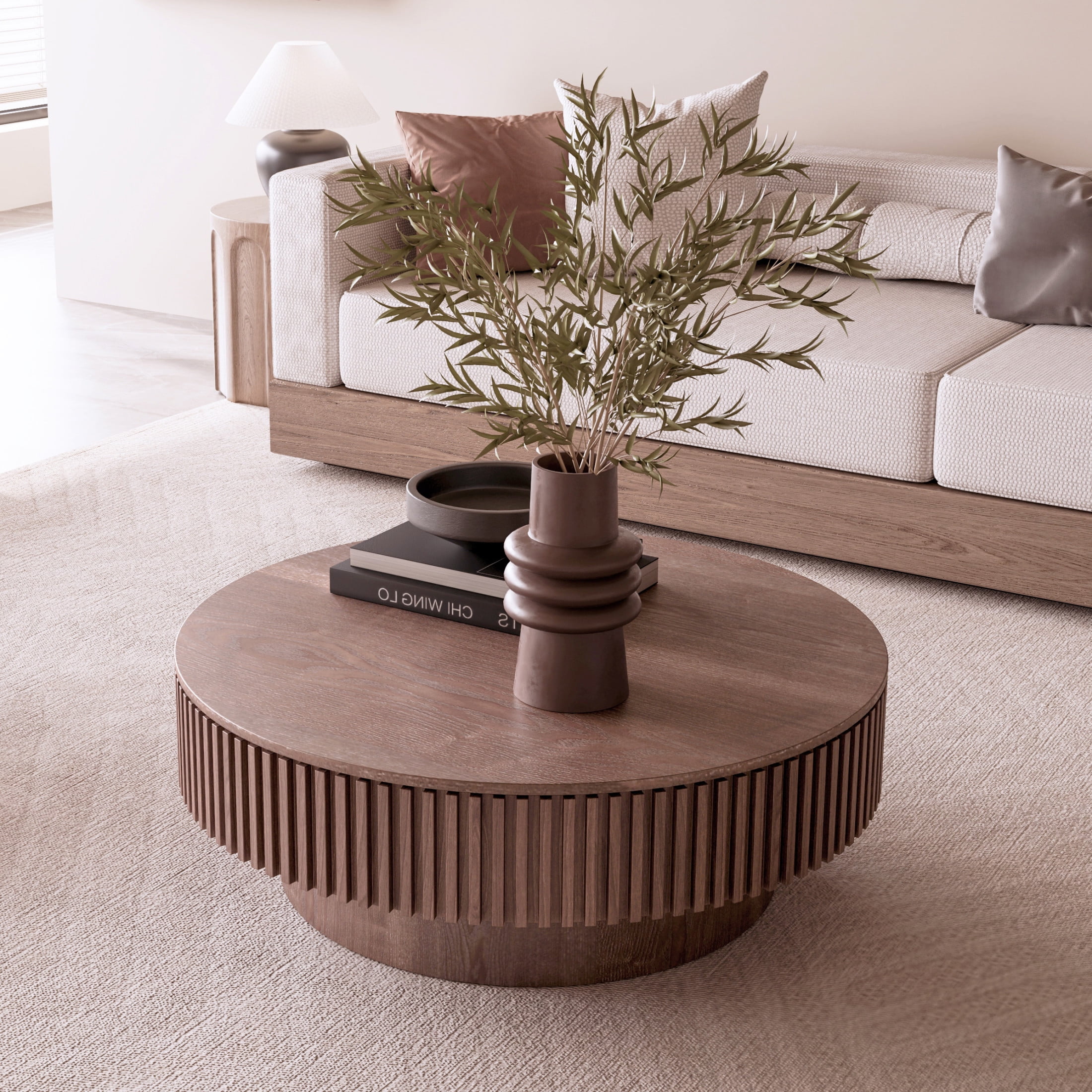 Noble House Leigh 39.3" Round Coffee Table with Hidden Storage, Solid Wood Veneer Fluted Accent Tea Table, Walnut