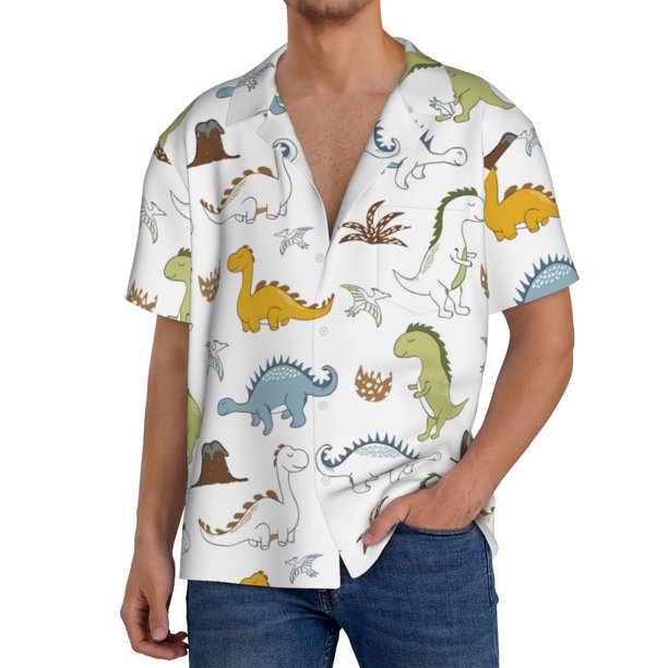 Fotbe Dinosaur Camisa Estampada de Manga Corta para Hombre, Casual de Verano, Estilo Playero, Sin Arrugas-Medium
