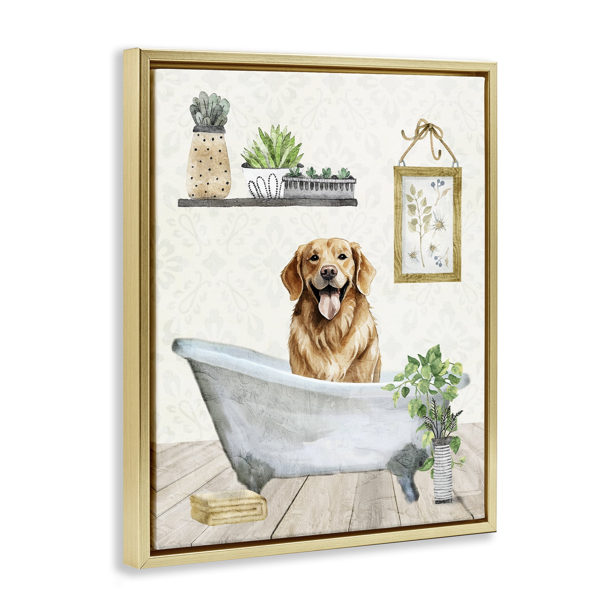 Stupell Industries Doggie Bath Time Bath & Laundry Painting Gold Floater Framed Canvas Art Print Wall Art, 17 x 21