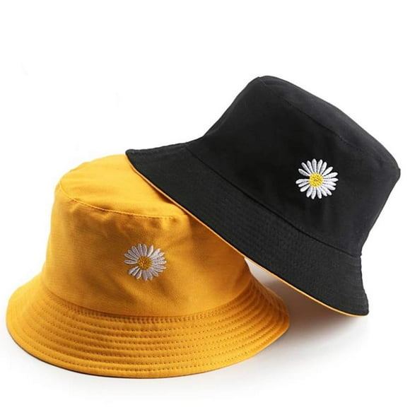 TFixol Reversible Daisy Embroidered Bucket Hat for Men & Women - Lightweight Summer Sun Protection in Yellow & Black