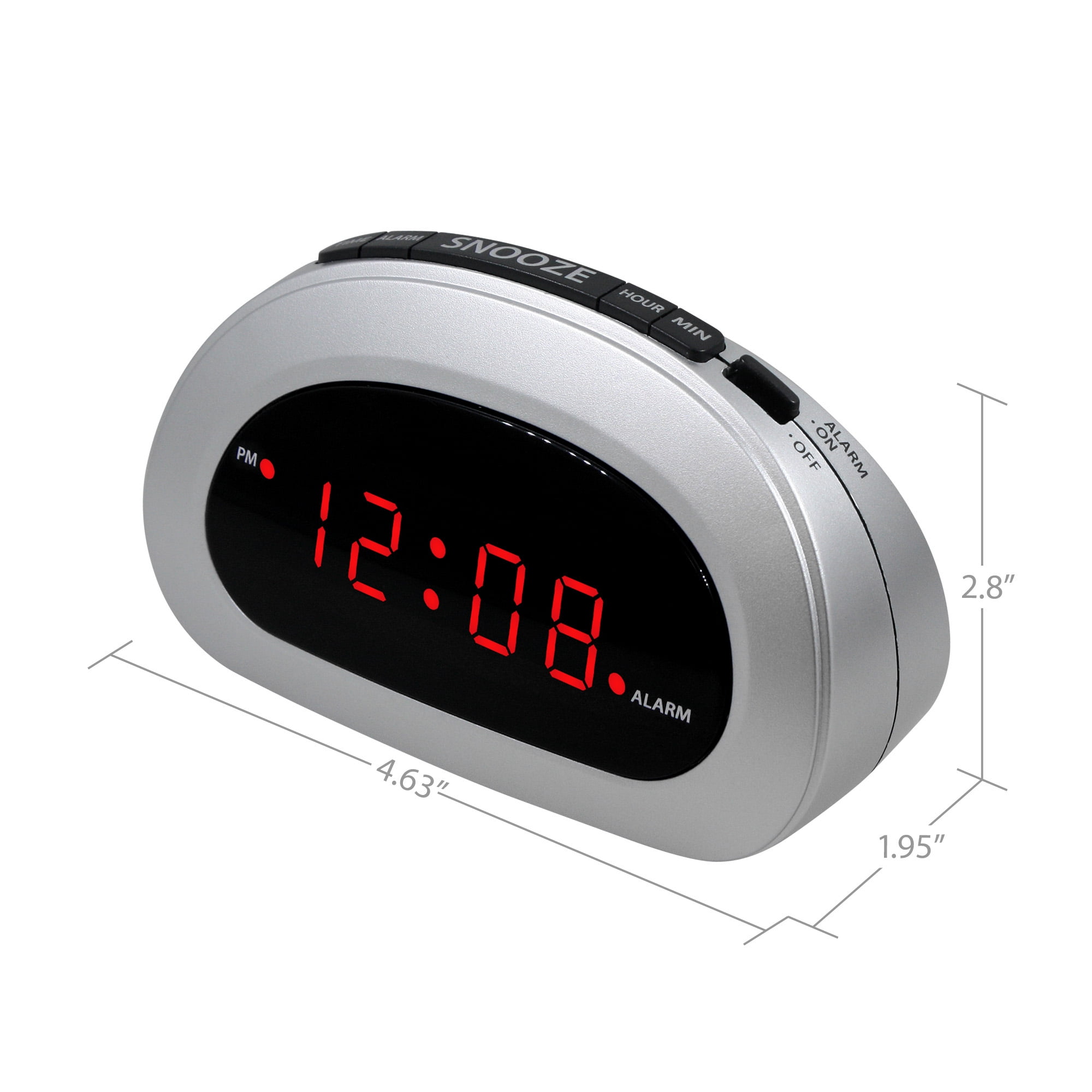 Mainstays Digital Alarm Clock with Top Button Controls, Snooze, Battery Backup, 0.6 in Red LED Display, Silver, SPC089D