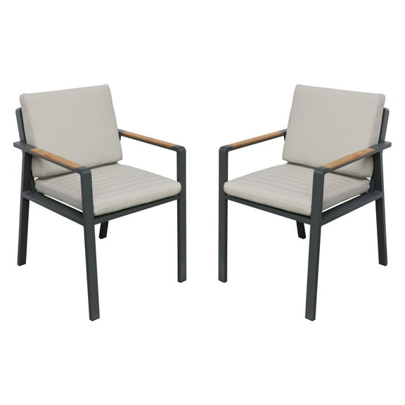 Armen Living Nofi Outdoor Patio Dining Chair in Charcoal Finish with Taupe Cushions and Teak Wood Accent Arms  - Set of 2