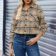 thumbnail image 3 of Button Up Shirt Women Fall Dressy Casual Plaid Shirts Fashion Lightweight Long Sleeve Shacket with Pockets Khaki XL, 3 of 6