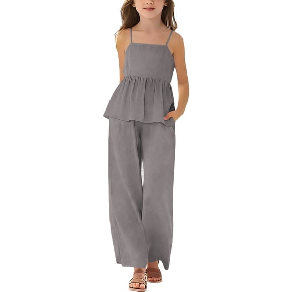 Teen Girls Cotton Linen Outfits 2pc Tank Top Shorts Set Sleeveless Shirt Long Wide-Leg Pants Clothing with Pocket Kids Two Piece Outfits Girls