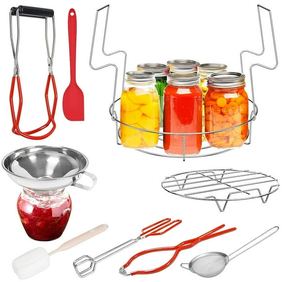 Ensemble de Départ de 9 Pcs de Fournitures de Mise en Conserve, Ensemble d'Outils de Mise en Conserve en Acier Inoxydable avec Support de Mise en Conserve, Lève-Bocal, Grattoir, Filtre, Pinces de Cuisine, Clé pour Bocal, Brosse de Nettoyage, Entonnoir, Support de Cuisson à la Vapeur pour la Cuisine à la Maison