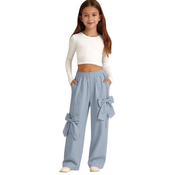 Generic Girl's Y2K Bowknot Track Pants Elastic Waist Baggy Straight Wide Leg Baggy Trousers Sports Wear Tween Cute Street Dance Pant