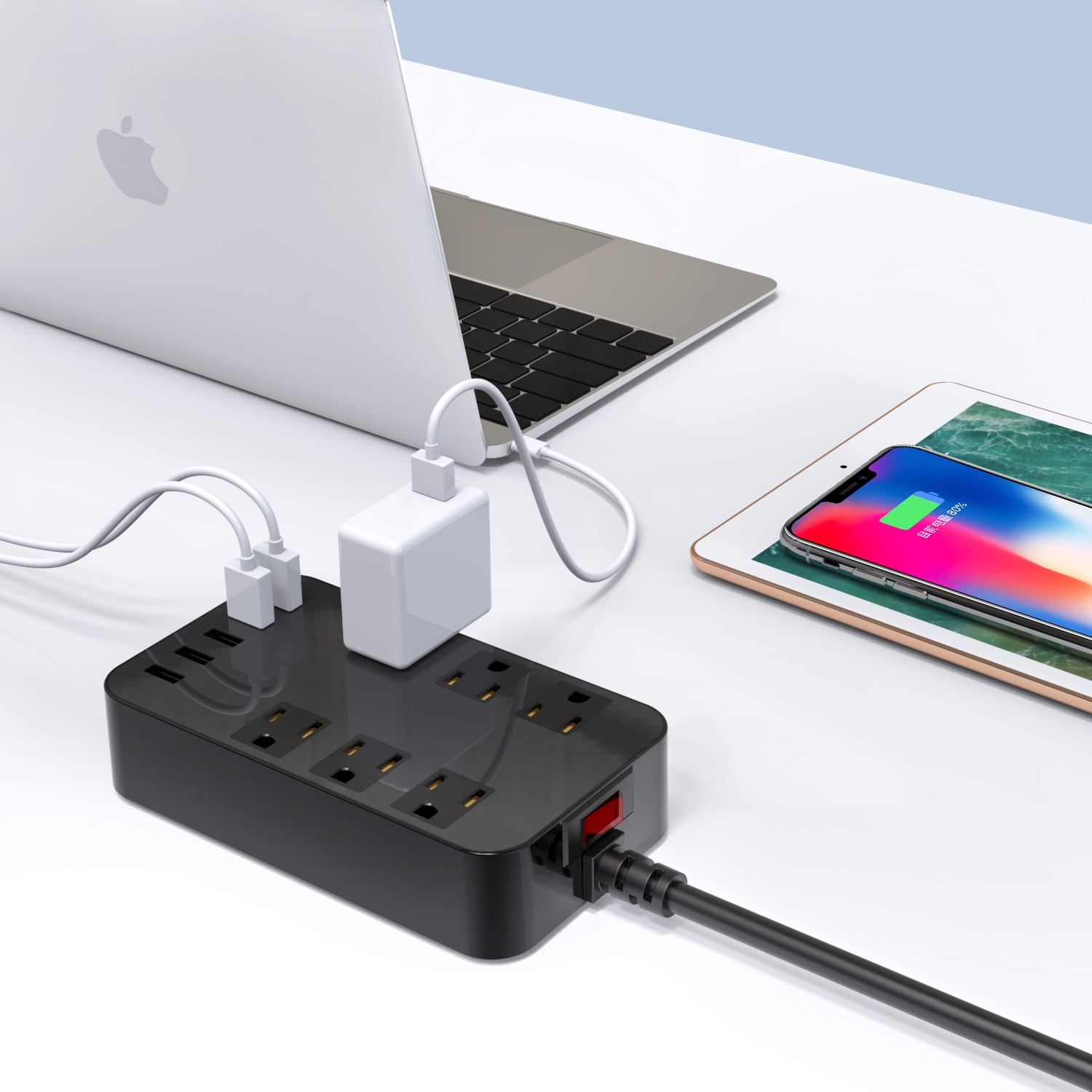 Surge Protector - Power Strip with 5 USB Ports, 6.7 Ft Long Extension 6 AC outlets USB Charging Station Adjustable Voltage 110-240V For iphone Samsung iPad Home Office