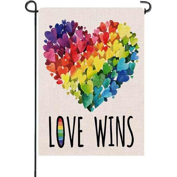 Newhomestyle LGBTQ Pride Love Wins Rainbow Small Linen Garden Flag for Yard Lawn Outside Pride Month Decor, 12 x 18