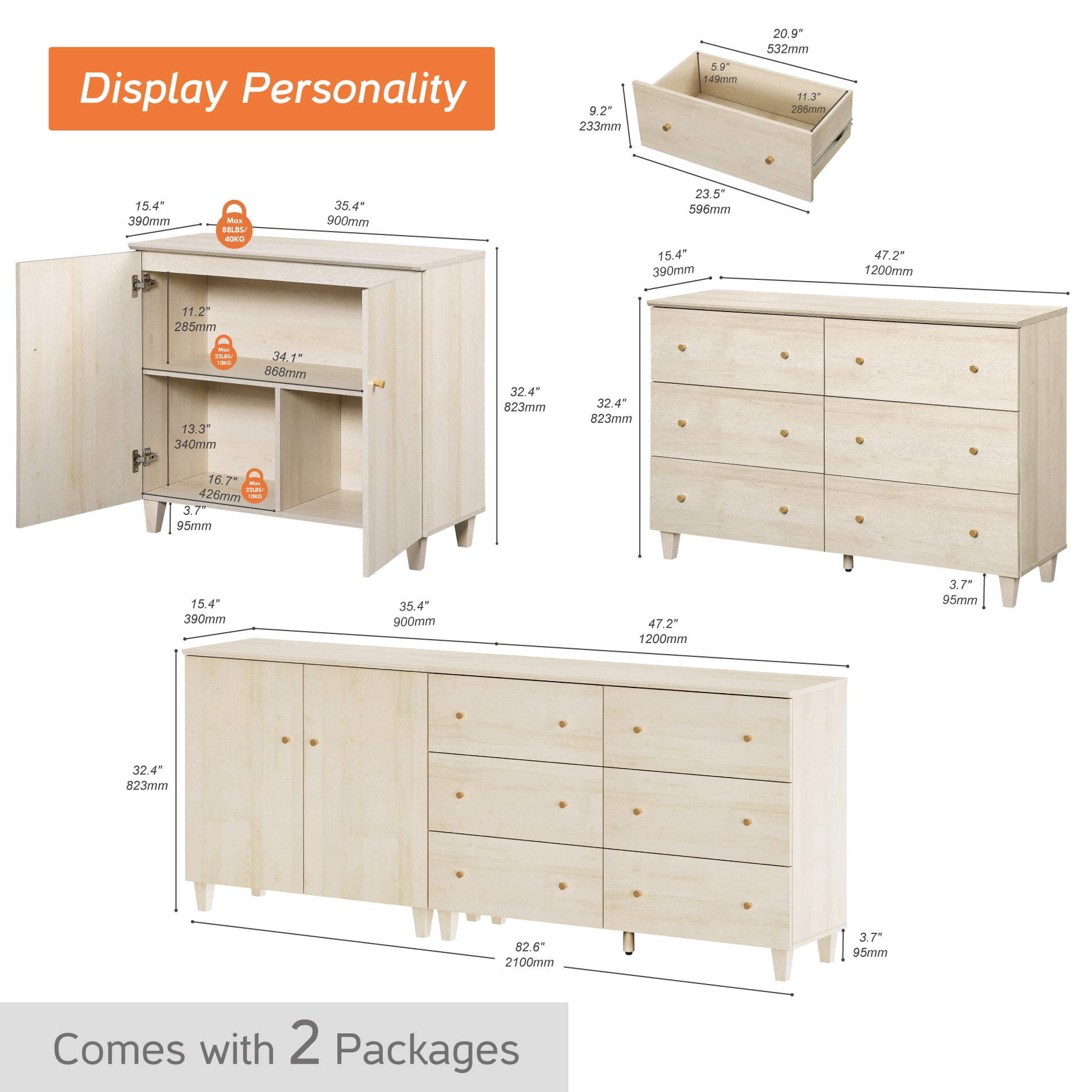 WAMPAT Wood Dresser with 6 Drawers and 1 Cabinet for Bedroom, Modern Chest of Drawer, 83" Wide, Light Oak Wood Finish