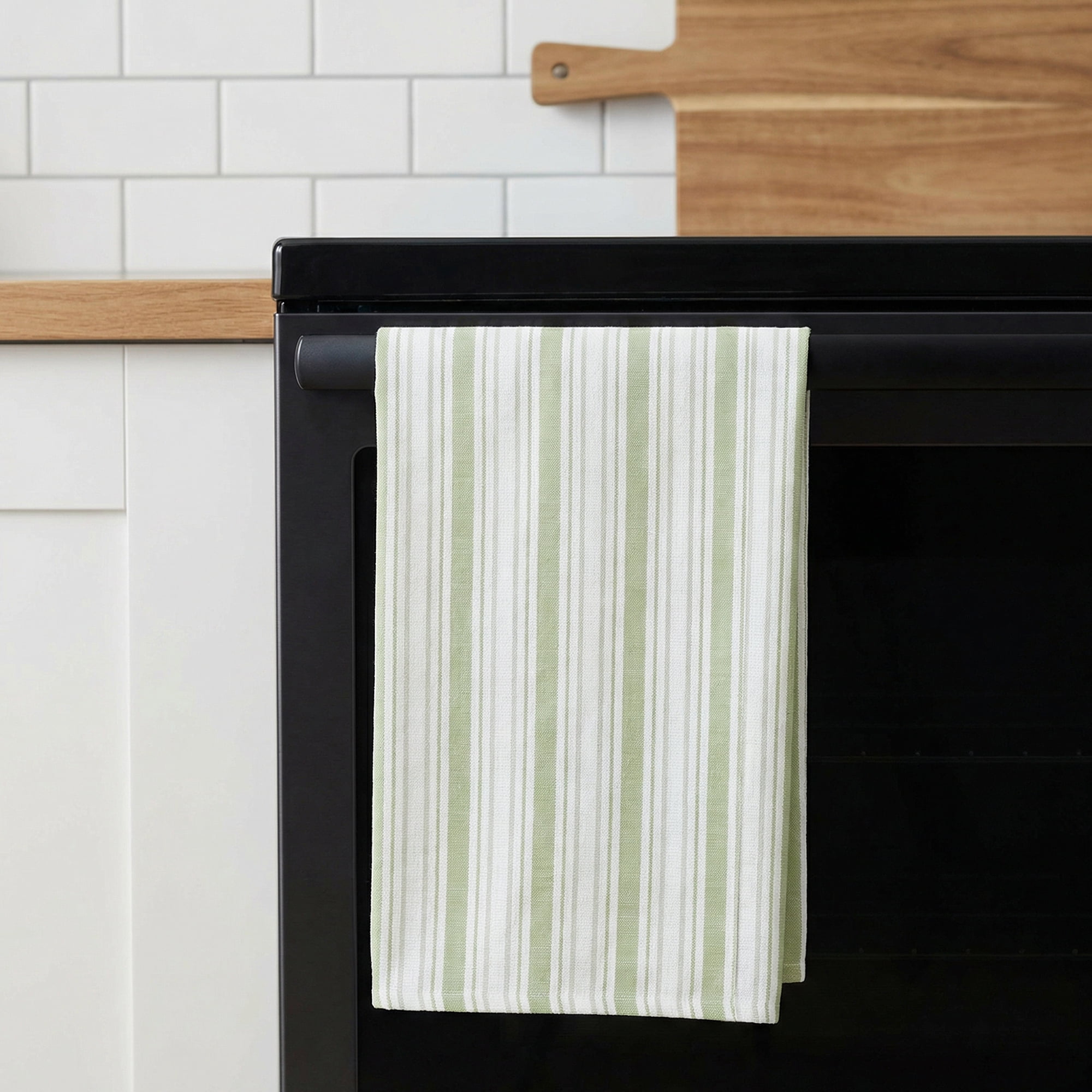Unique Bargains Striped Cotton Kitchen Towels Khaki 4 Pack Green/Black 26" x 18"