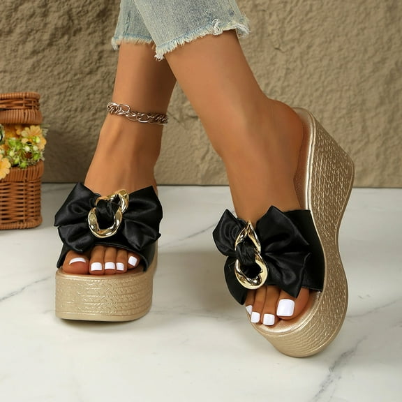Bkhluea Bow Wedge Sandals for Women Platform Sandals Slides Open Toe Slip On Casual Summer Mules High Heels