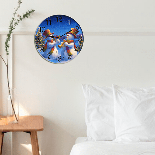 Kurmntregon Christmas Wall Clock Happy Snowmen Play Musical Winter Xmas Holiday Wooden Silent Non Ticking Decorative Clock For Living Room, Kitchen, Home,Bathroom, Bedroom, Office Or School Round 10"