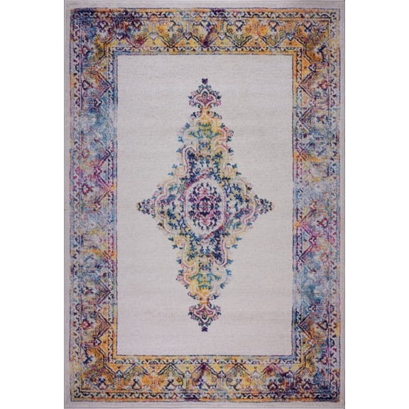 Ladole Rugs Saba Traditional Border Style Machine Made European Indoor Mat Carpet in Cream Multicolor, 2x3 (1'10" x 2'11", 57cm x 90cm)