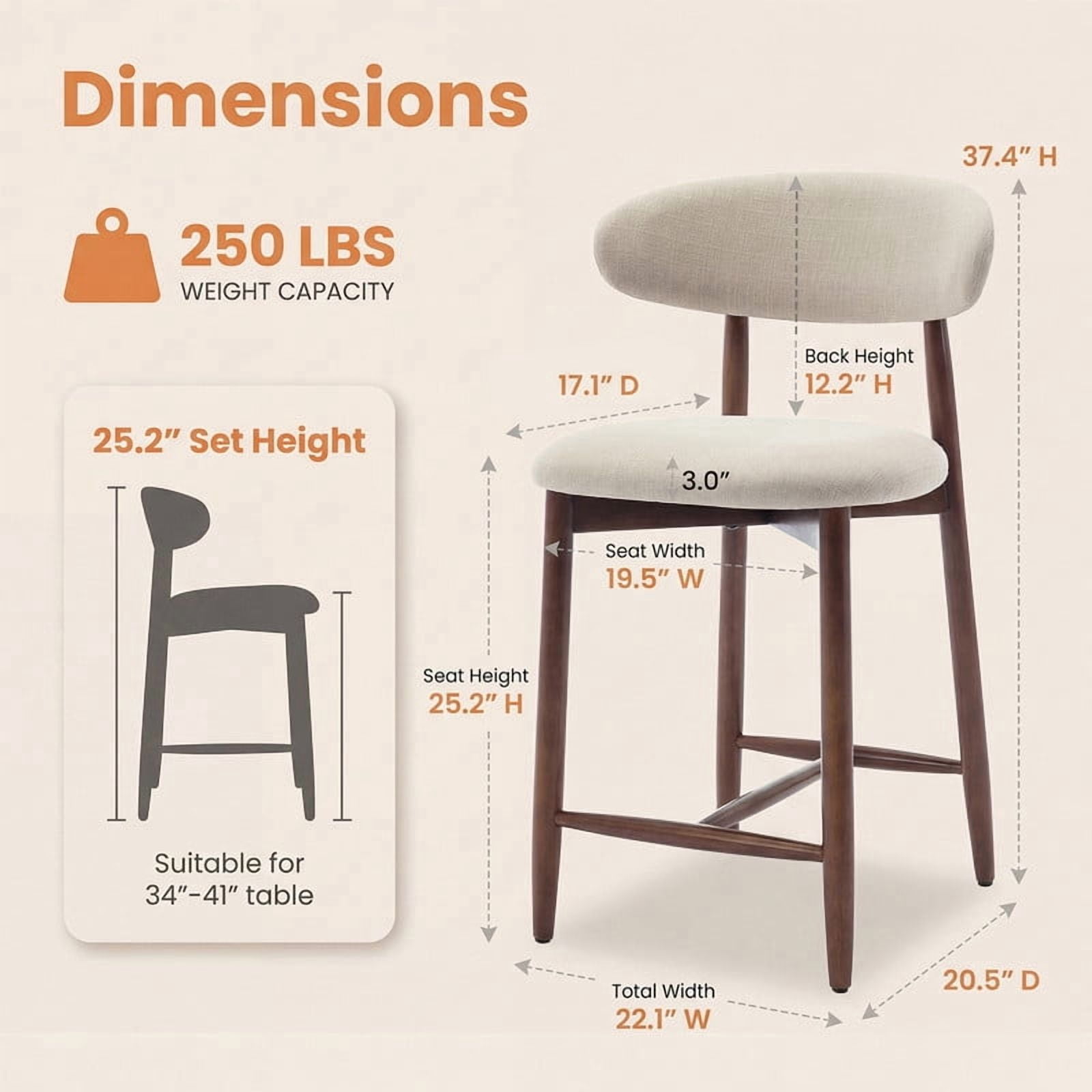 COLAMY Upholstered Counter Height Bar Stools Set of 2, Kitchen Island Stools with Back, Suitable for 34"-41" Table, Modern Counter Chairs with Wood Legs for Dining Room, Beige