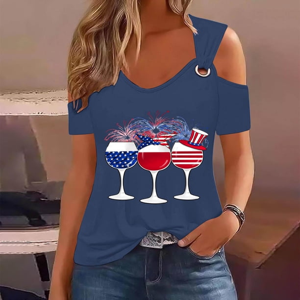 Fiudx Ofertas Flash Artículos En Oferta Top de Manga Corta con Cuello En V y Hombros Descubiertos Sexy para El Día de La Independencia para Mujer