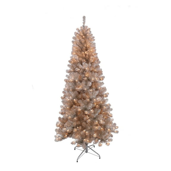 Puleo International Rose Gold Tinsel 6.5 ft. Pre-Lit Artificial Christmas Tree with 300 Warm White LED Lights