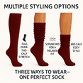 thumbnail image 4 of Women's Extra Long Slouch Socks Knee High Cotton Blend Pack of 2 Shoe Size 5-10 Retro 80s Style (Bordeaux), 4 of 10