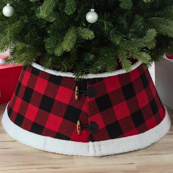 New Traditions - Collar para base de árbol de Navidad con diseño cuadro búfalo y cierre de botón - Negro/Rojo