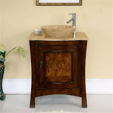 Silkroad Exclusive  26-inch Travertine Stone Top Bathroom Vessel Vanity Lavatory Single Sink Cabinet