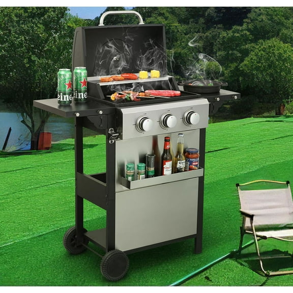 S-HOME Three Burner Gas Grill with Durable Build Perfect for Outdoor Cooking and Barbecues in Your Backyard or Patio