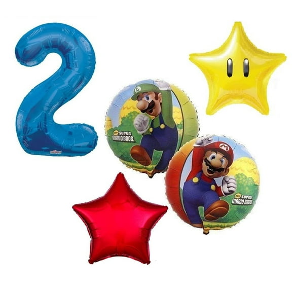 Mario Brothers Luigi #2 2nd 5 Piece Power Star Happy Birthday Decorations Balloons Set