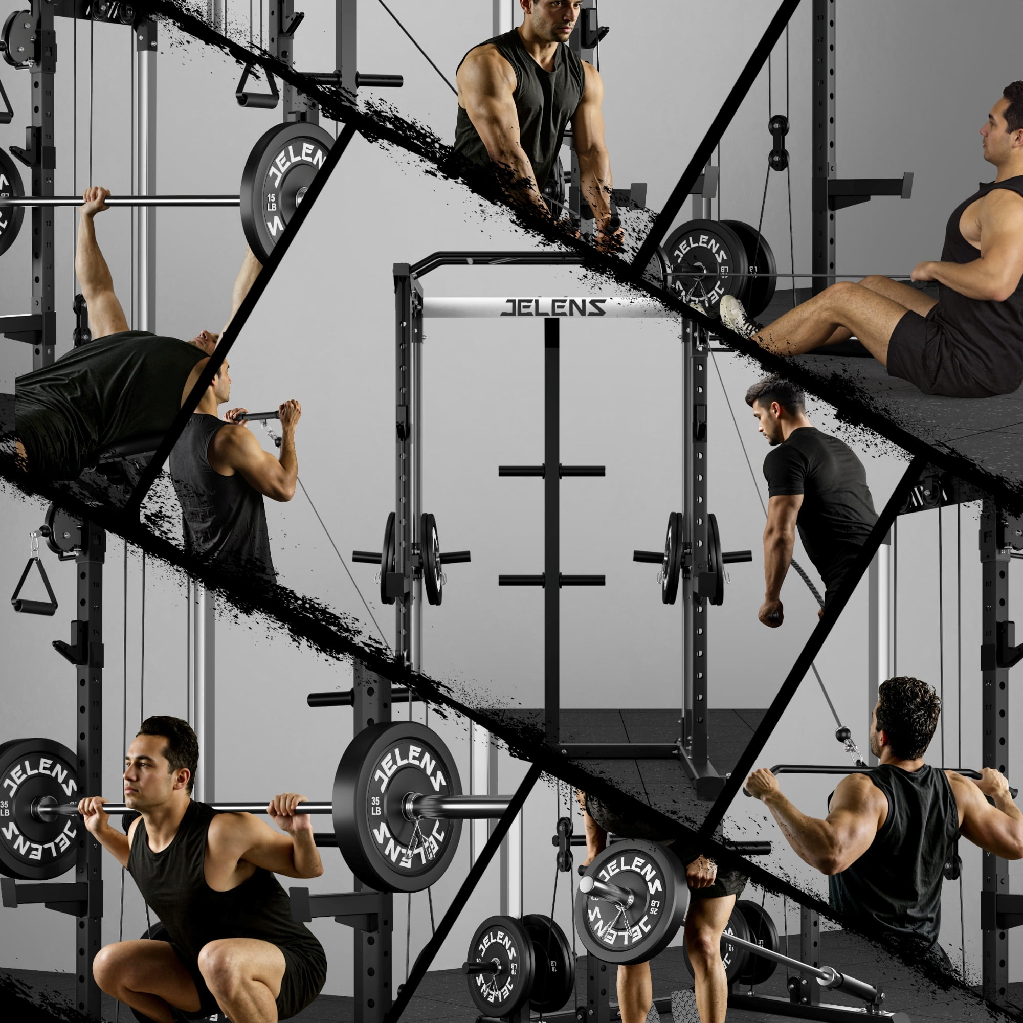 Multi-Function Power Rack Cage,2000lbs Dual Pulley Cable Crossover Machine with J Hooks, Dip Bars & Landmine for Home Gym with Barbell and Weight Bench and 190LB Plates