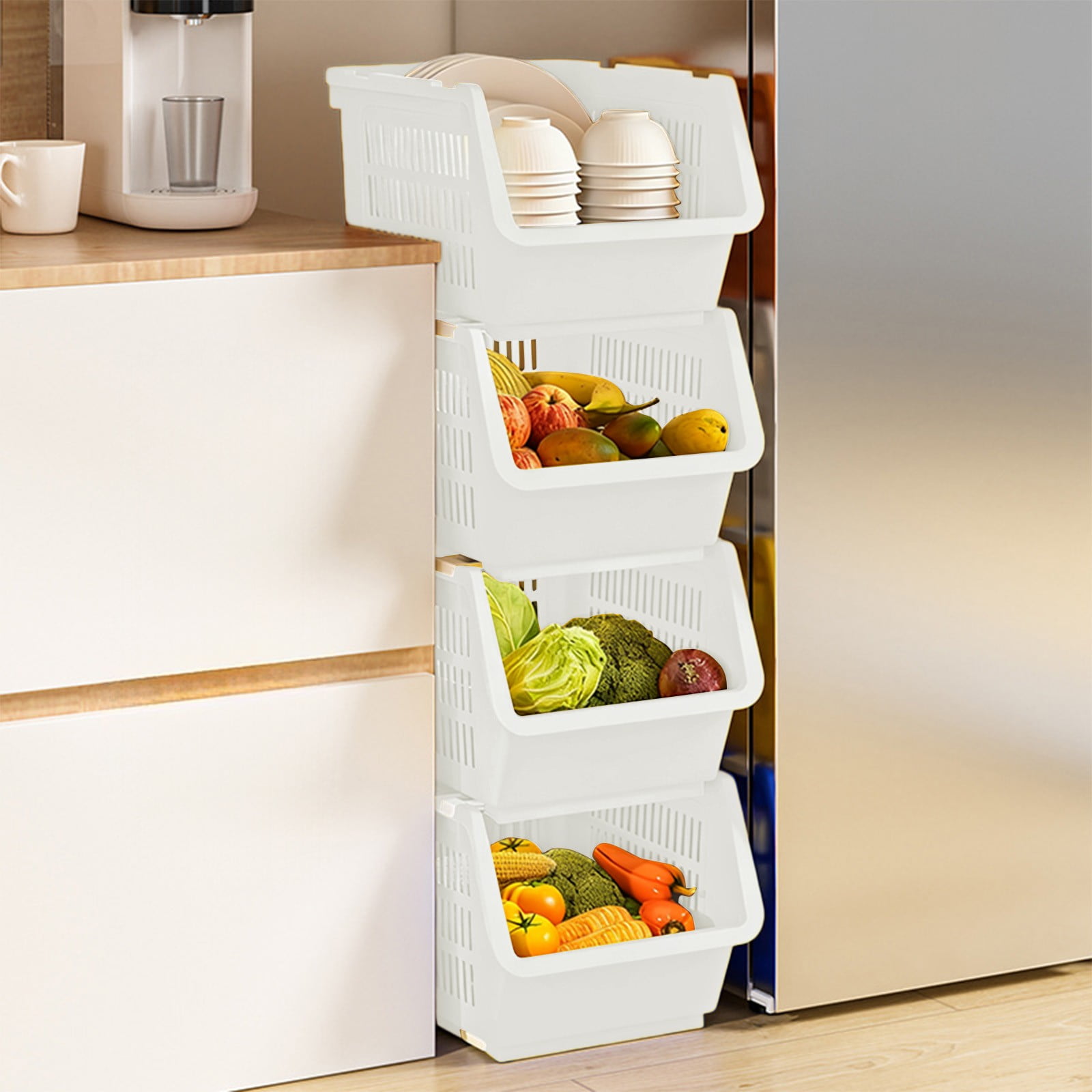 3 Pack Stackable Storage Baskets, Large Capacity Stackable Storage Bins Open Front, Space Saving Home Organization for Kitchen Bedroom Office