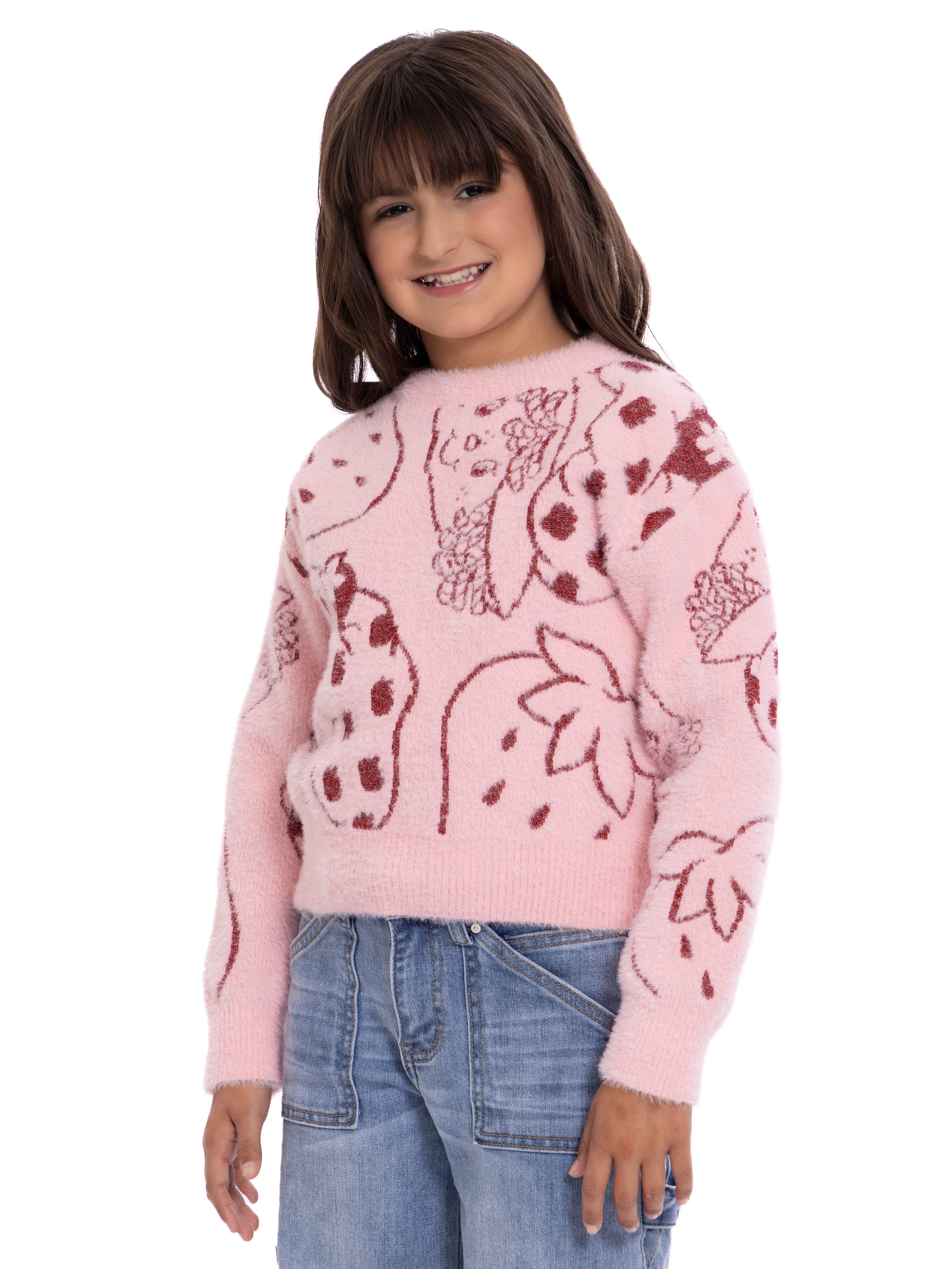 Strawberry Shortcake Girls Graphic Eyelash Glitter Sweater, Sizes 4-16