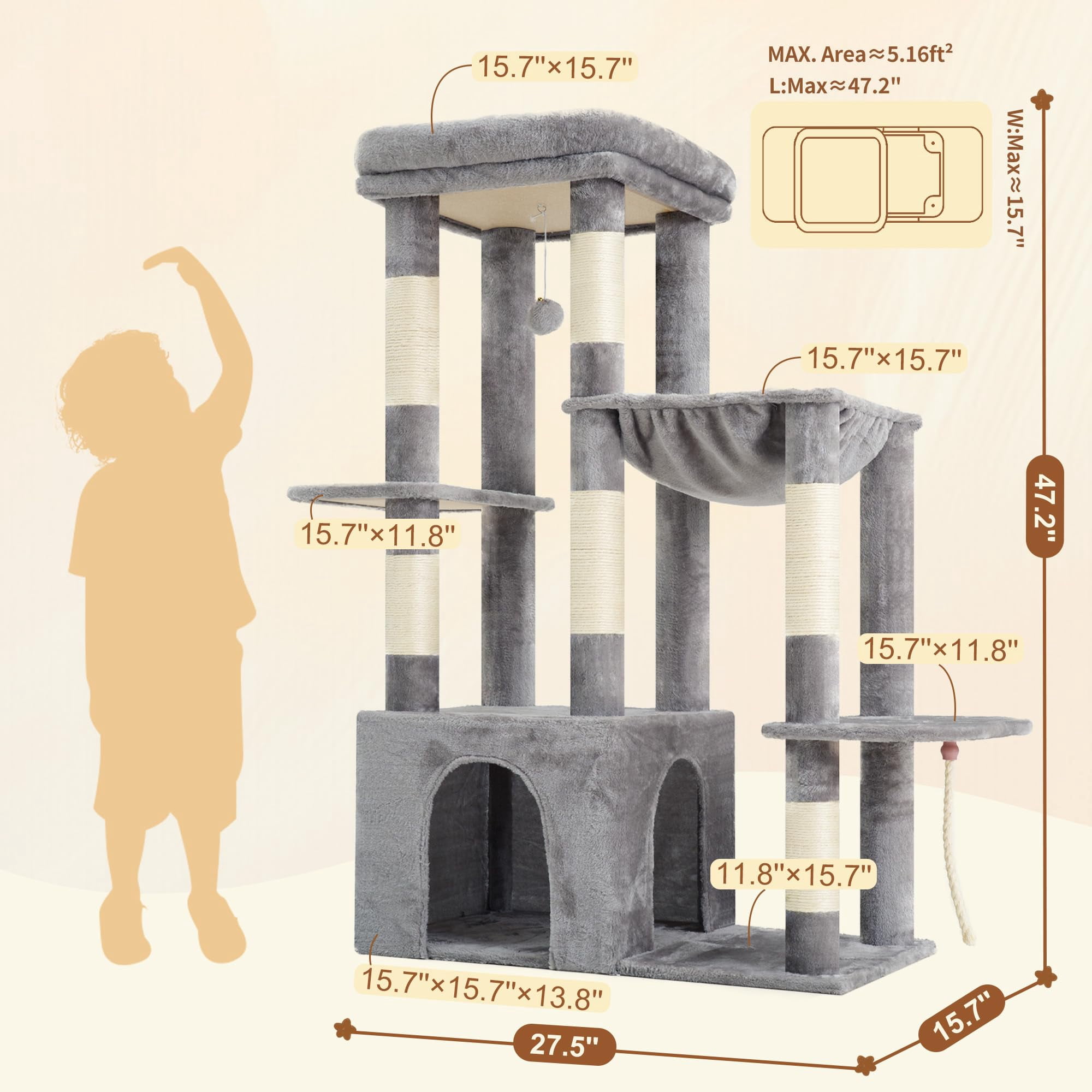 Heavy Duty Cat Tree  Tower For Indoor Cats Large Adult Tall Condo House With Extra-large Baseboard Multi-level Plush Furniture Posts Hammock Balls Light Gray Hct026w