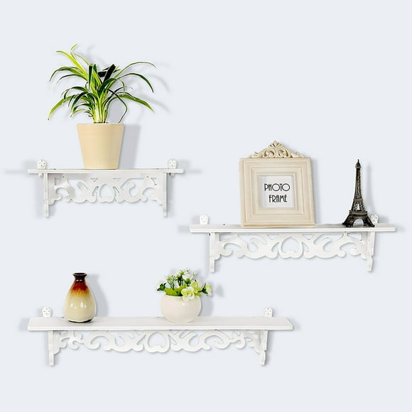 Set of 3 Carve Designed Whitewashed Floating Wall Shelves, Provides Added Space and Convenience for Decorating, Perfect Shelf to Store Any Item
