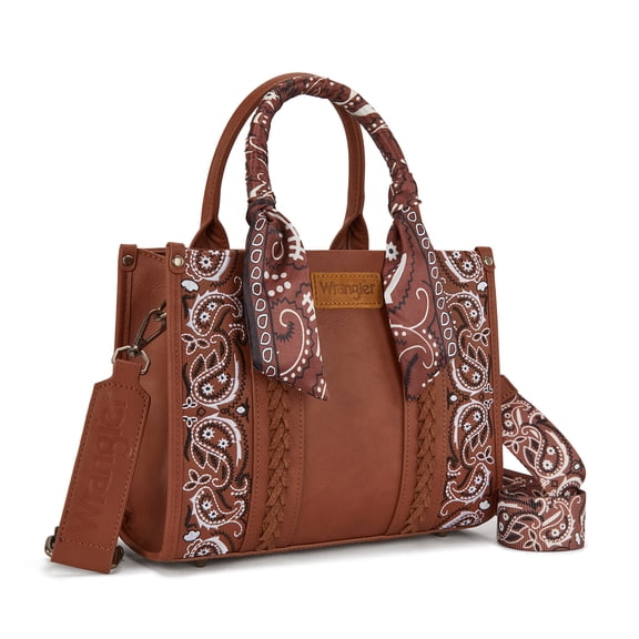 Wrangler Paisley Tote Bag for Women Embroidered Top Handle Handbag with Crossbody Strap, Brown