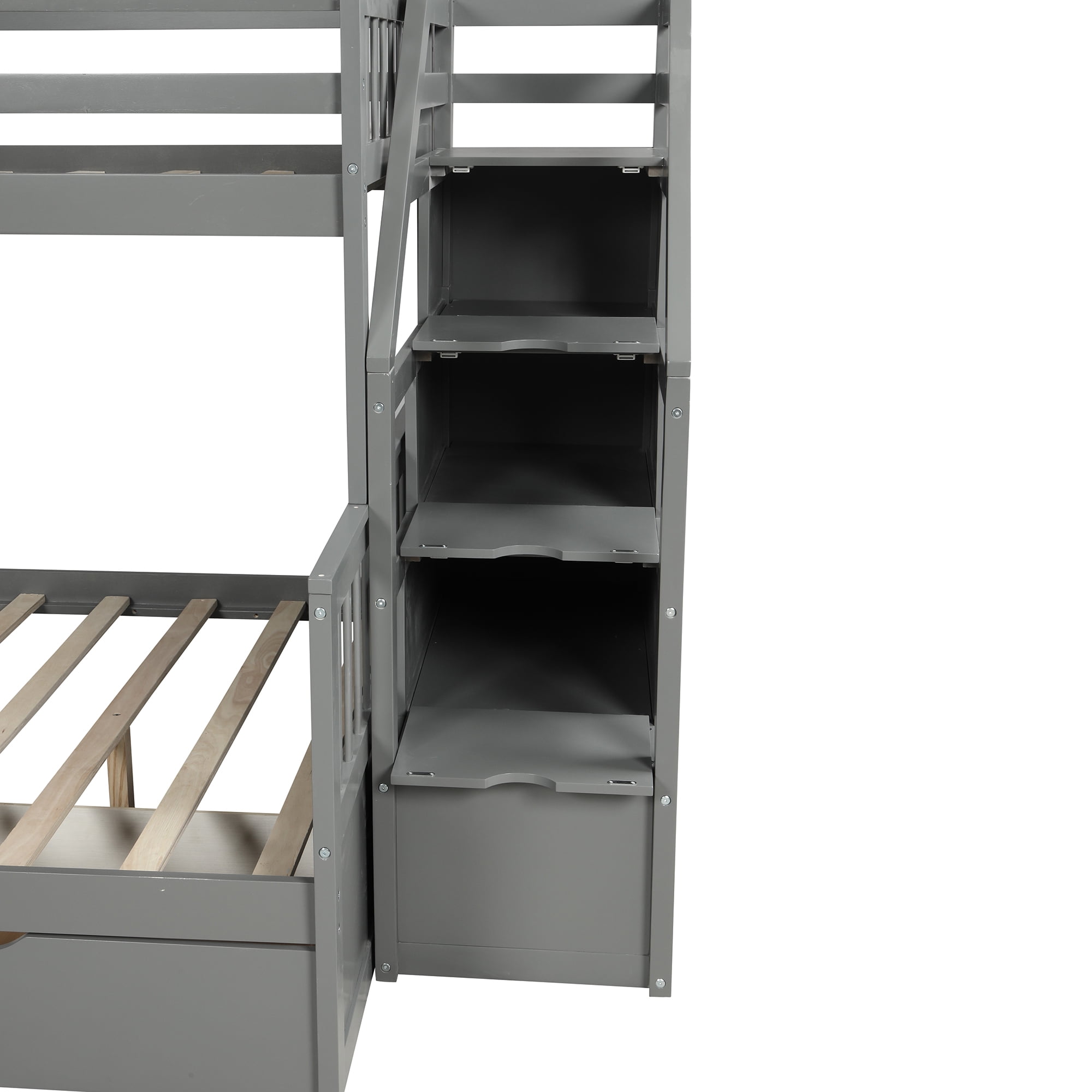 Euroco Wood Twin over Full Bunk with Drawers and Slide, Storage Staircase for Kids Teen Adults, Gray