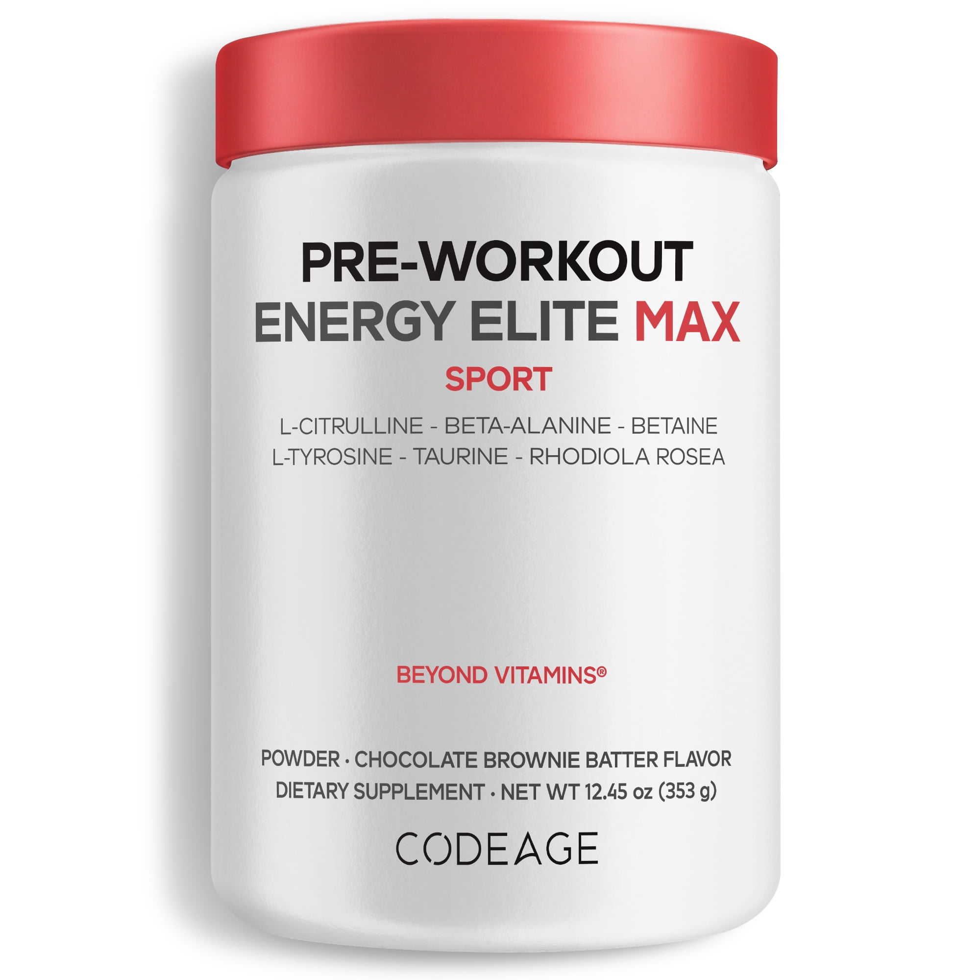 Codeage Pre-Workout Energy Elite Max, L-Tyrosine, Taurine, Betaine, Citrulline, Chocolate, 12.45 oz