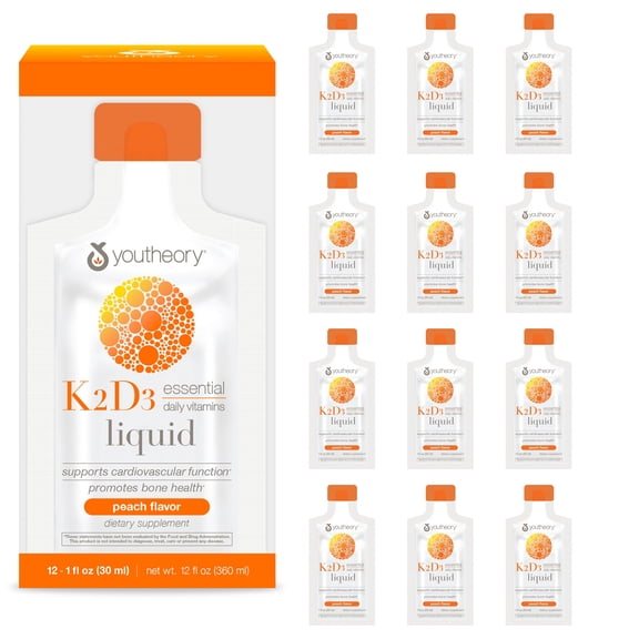 Youtheory K2 and D3 Daily Vitamin Supplement for Calcium Absorption, Bone Strength and Cardiovascular Support, Liquid Peach Flavor, 12 1oz Single Serving Packets