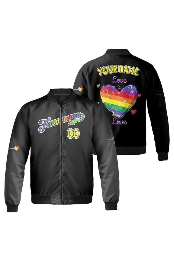 Custom Name Number Love Is Love Bomber Jacket, Rainbow Heart Graphic, LGBT Pride Month Black Zip Up Jacket