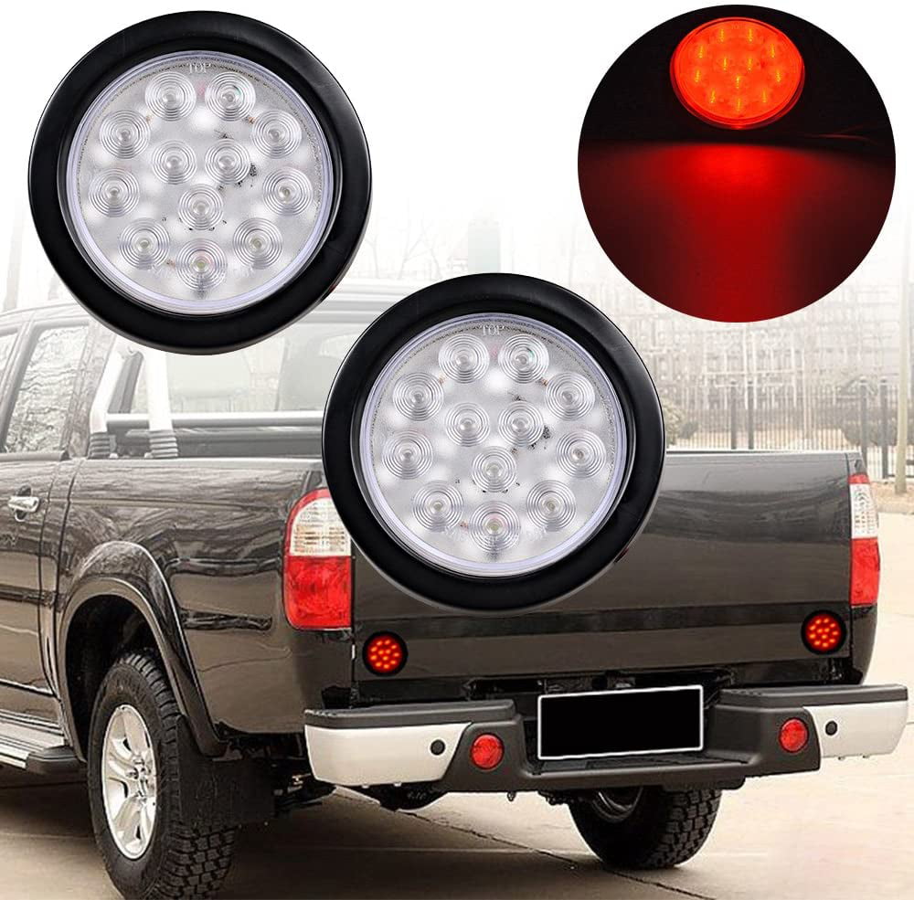 Clear Lens - Red Light 2x 4 Round 12 LED Brake Stop Tail Light Grommet Plug for Truck Trailer RV UTE UTV 