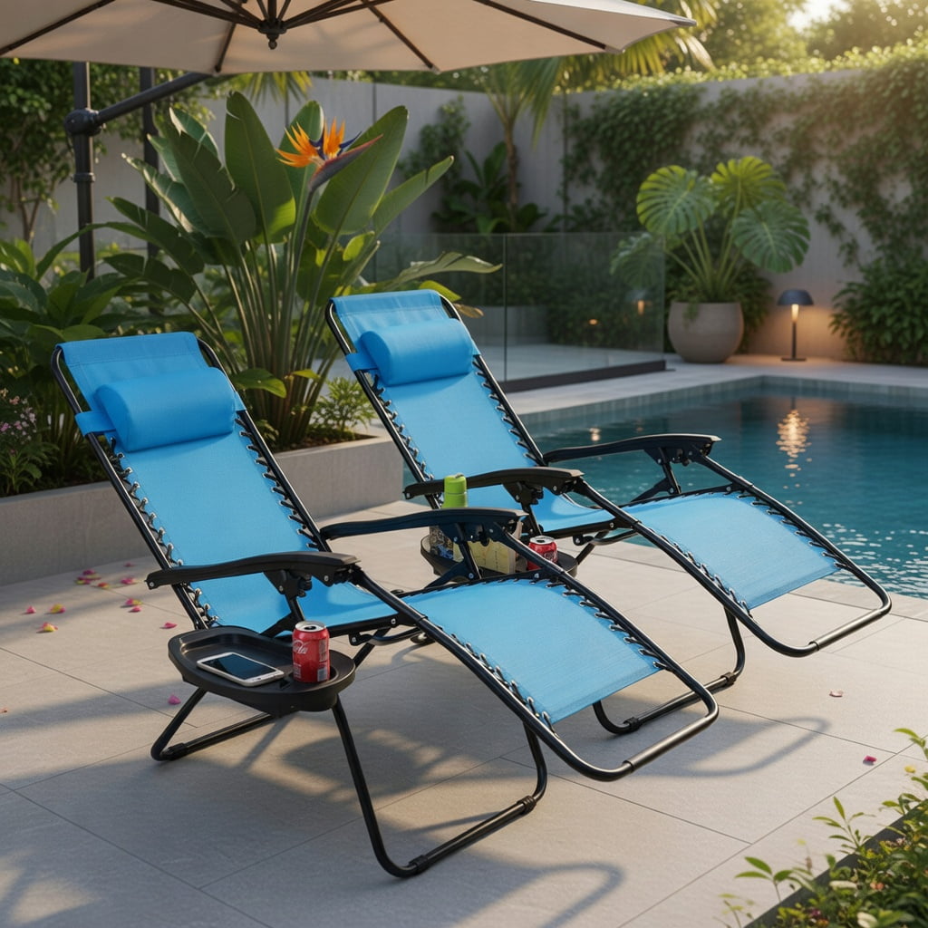 Hommoo 2-Pack Zero Gravity Folding Lounge Chairs with Adjustable Headrest & Removable Tray, Indoor/Outdoor Recliners for Back Support, Light Blue