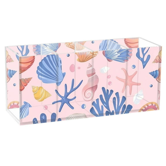 Colorful Seashells Seaweed Acrylic Pencil Pen Holder Cup 4 Compartments Desktop Organiser 7.87"x2.78"x3.54"
