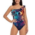 thumbnail image 2 of Picia Starry Sky White Cloud Puppy Pattern Women's One Piece Swimsuits,One Shoulder Swimwear Asymmetric ,Ruffle Monokinis Bathing Suits,High Waisted Flattering Bathing Suits-Small, 2 of 8