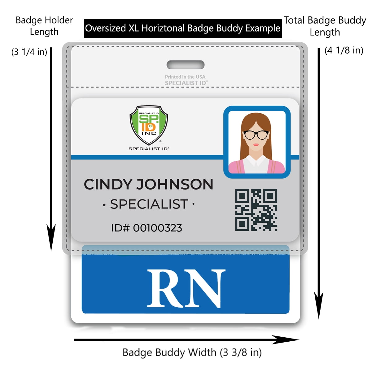 Oversized RN Badge Buddy - Horizontal Nurse Badge Buddy Horizontal for Registered Nurses - 3 3/8 X 4 1/8 Role Identification Badge Backer Card for Nurses- USA Printed by Specialist ID (Blue)