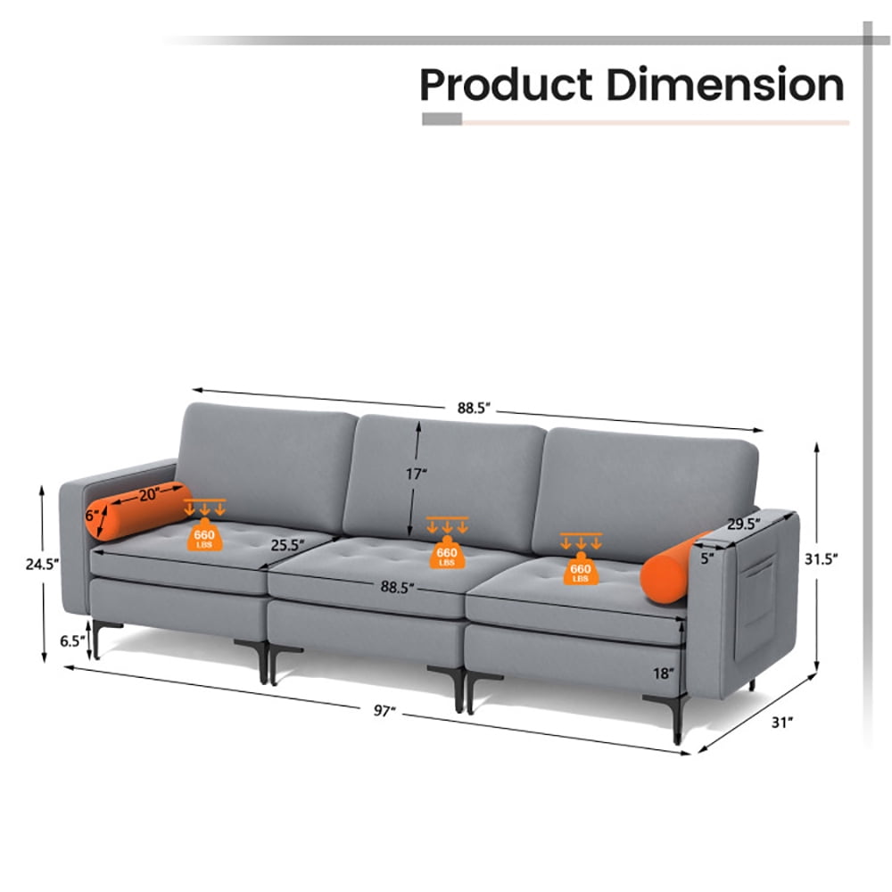 Finihen 3-Seat Sofa Couch, Modular 3-Seat Sofa Couch with Socket USB Ports and Side Storage Pocket, for Living Room, Bedroom, Gray Finihen 3-Seat Sofa Couch, Modular 3-Seat Sofa Couch with Socket USB Ports and Side Storage Pocket, for Living Room, Bedroom, Gray