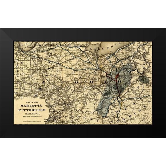 Vintage Maps 14x10 Black Modern Framed Museum Art Print Titled - Marietta and Pittsburgh Railroad 1871
