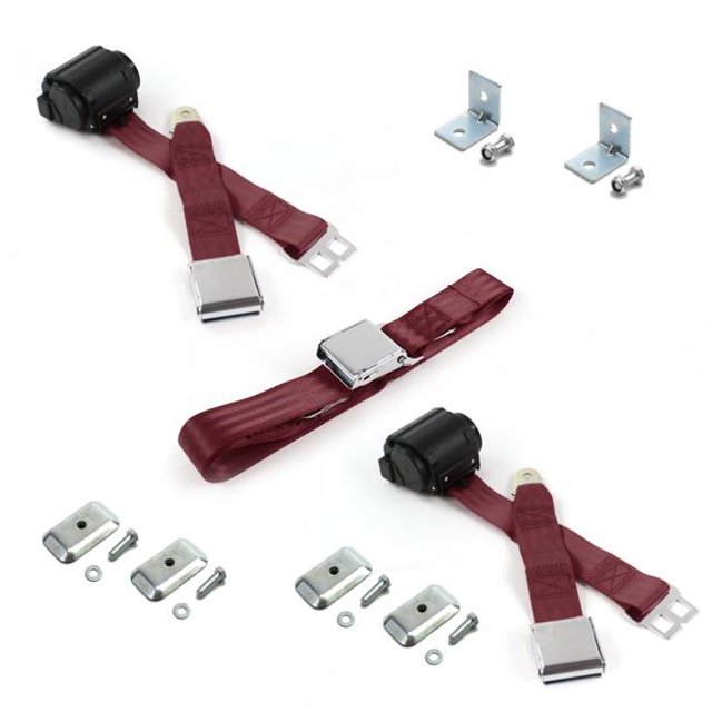 Airplane 2 Point Burgundy Retractable Bench Seat Belt Kit with Bracketry & 3 Belts for 1964-1965 Ford Falcon