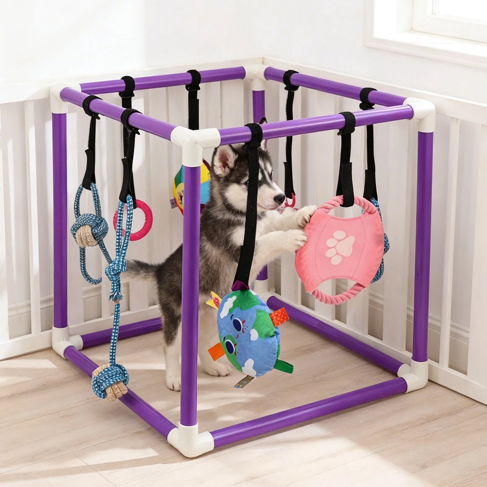 Austok Puppy Play Gym with 8 Hanging Toy Removable Dog Enrichment Playground Interactive Indoor Training Activity Center for Small Dog and Puppy PVC Frame