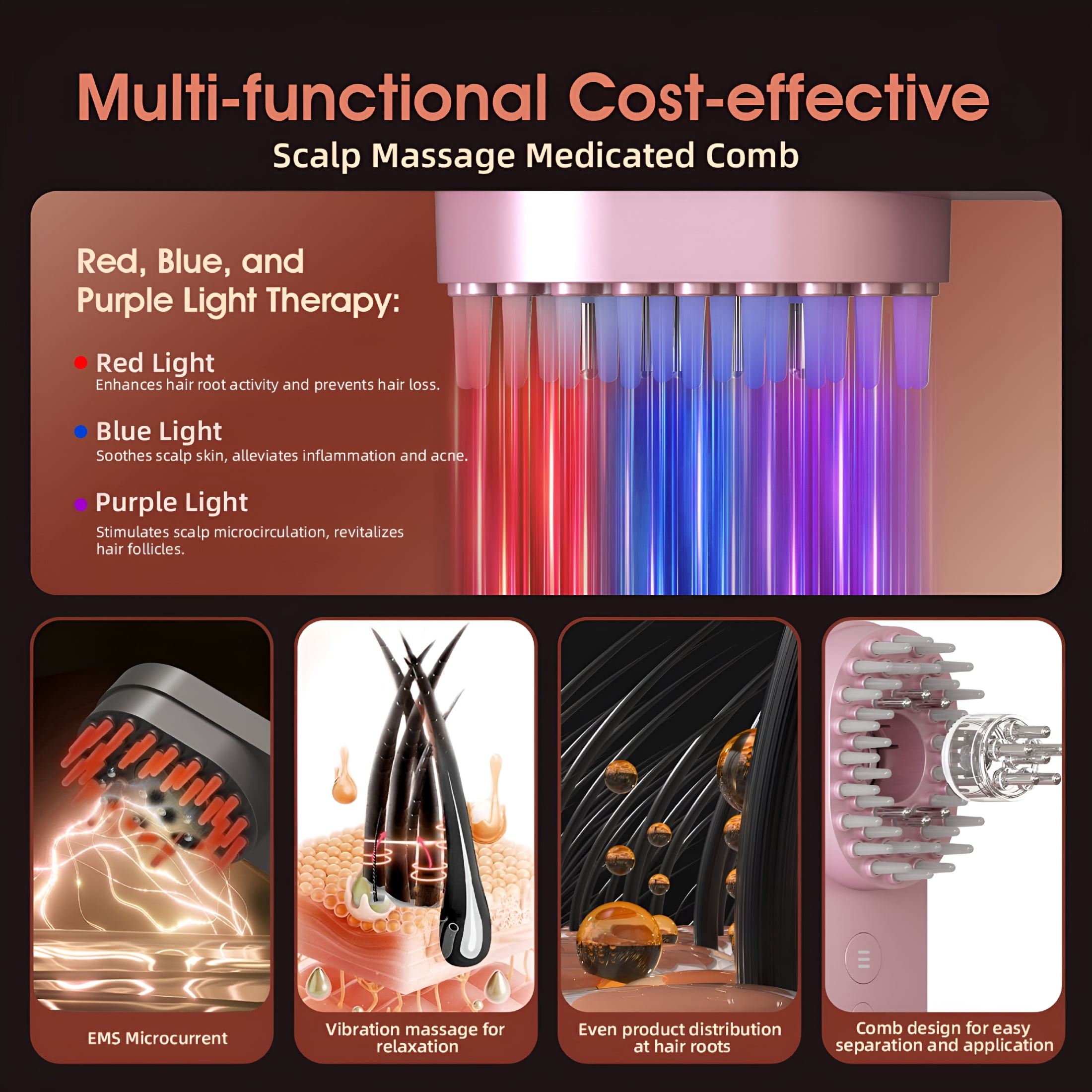 XIRQI 3-In-1 Electric Hair Oil Applicator Comb with Red Light Therapy,Handheld Scalp Massager,Hair Oil Applicator Red Light Therapy for Hair Growth (Pink)