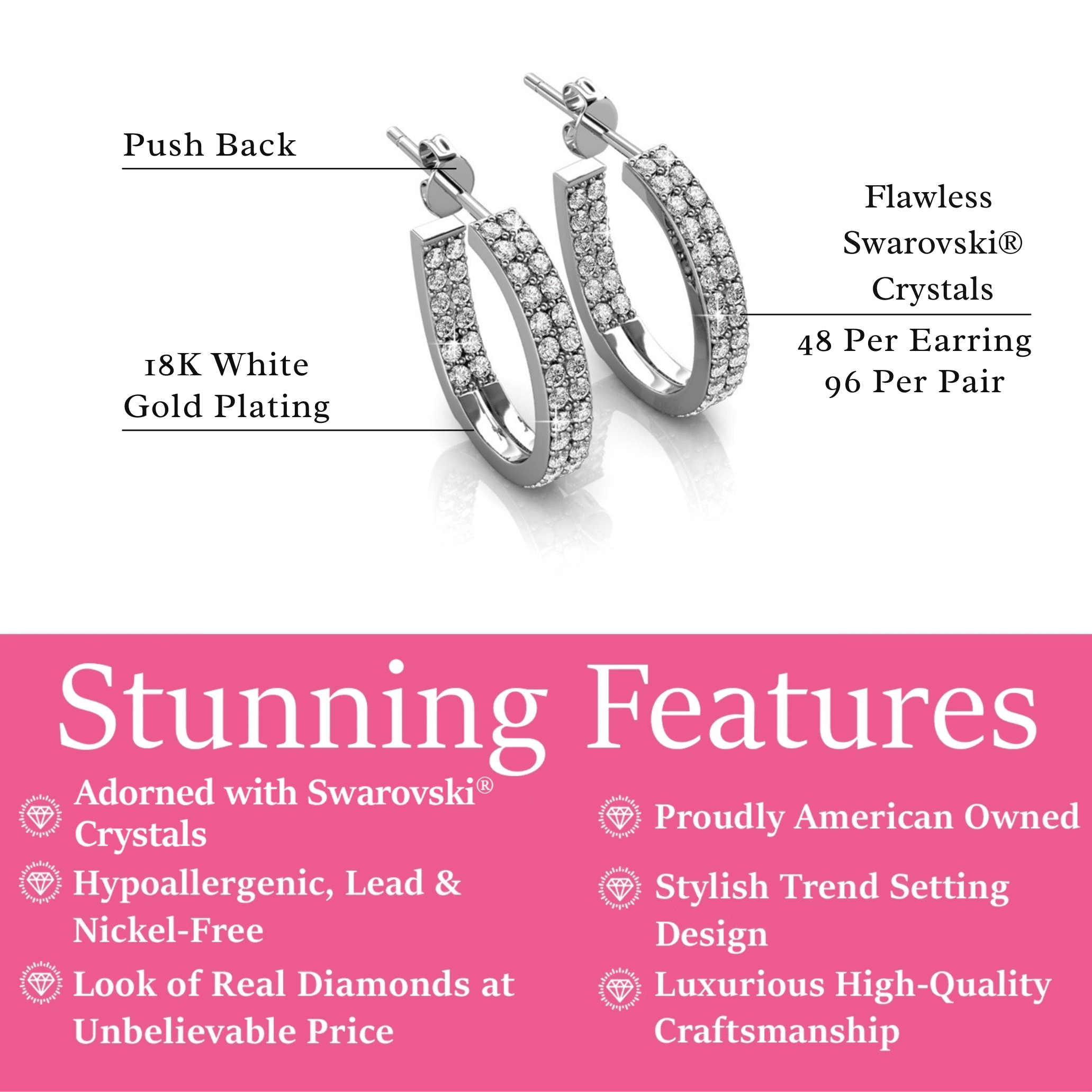 Cate & Chloe Grace 18k White Gold Plated 19mm Hoop Earrings with Swarovski Crystals Gift for Women