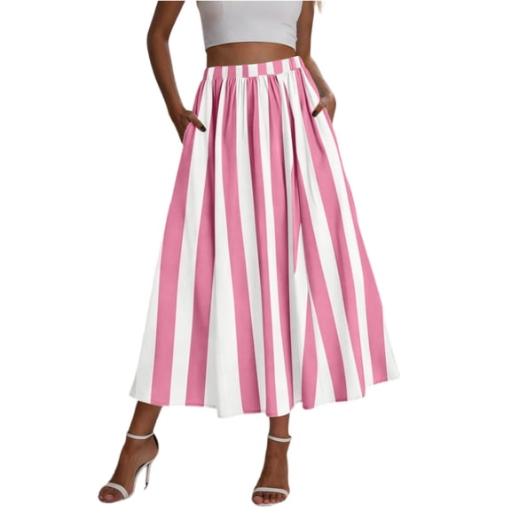 Womens Summer Striped Maxi Skirts A Line Elastic Waist Boho Flowy Skirt, L