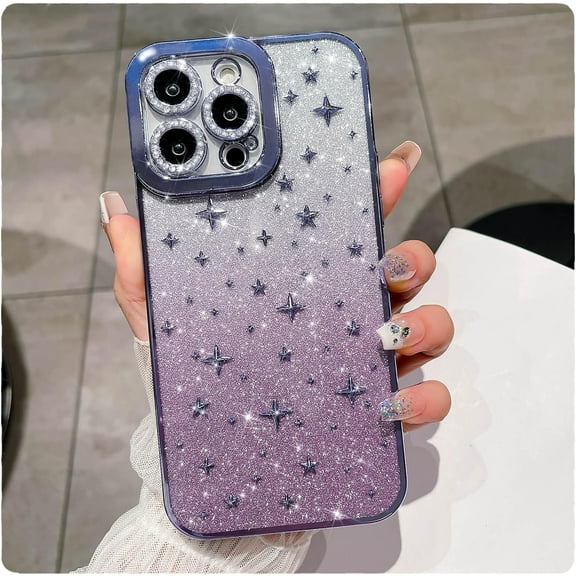 case for iPhone 14 Pro Max Case Glitter, Luxurly Plated with 3D Stars, Cute Gradient Bling Sparkly Rhinestone Clear Phone case, Soft Silicone Shockproof Protective Case for Women Girls, Purple