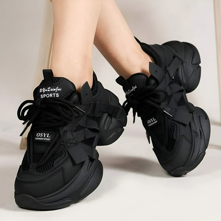ZIZOCWA Platform Lace Up Sneakers for Women Leather Mesh Thick Bottom Breathable Running Shoes Non Slip Workout Walking Sneaker Shoes Black Size6.5